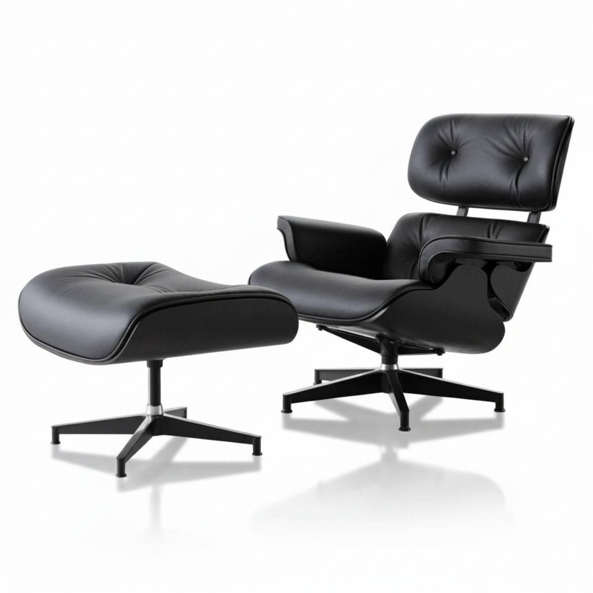 All black Eames inspired lounge chair and ottoman in black leather and ebony ash wood