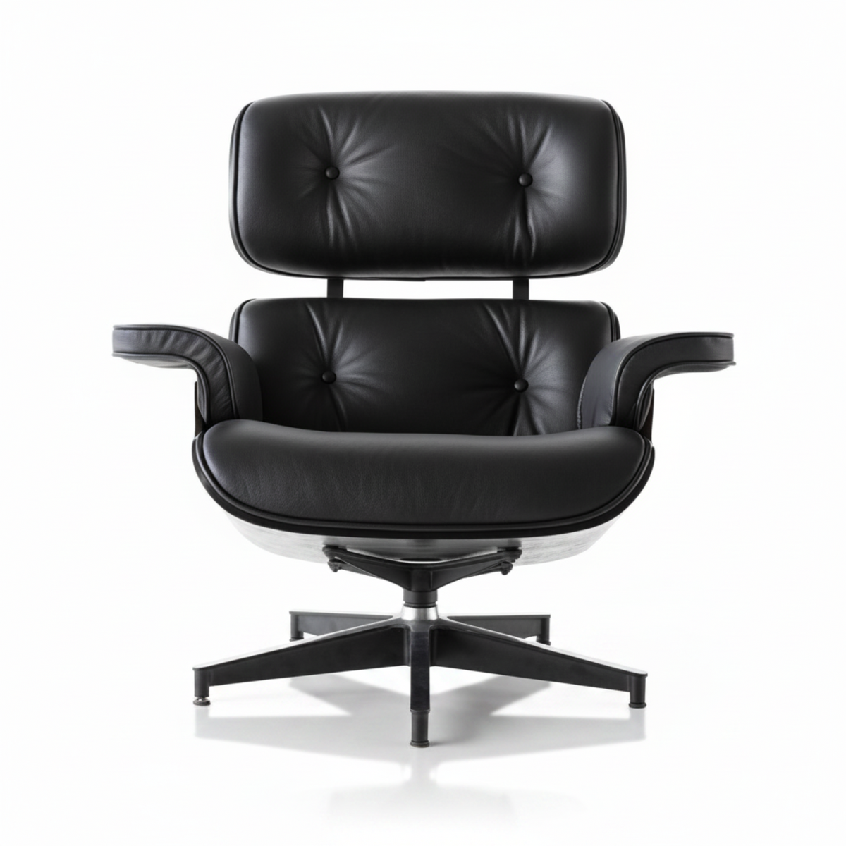 All black Eames inspired lounge chair with ebony ash wood shell and black leather