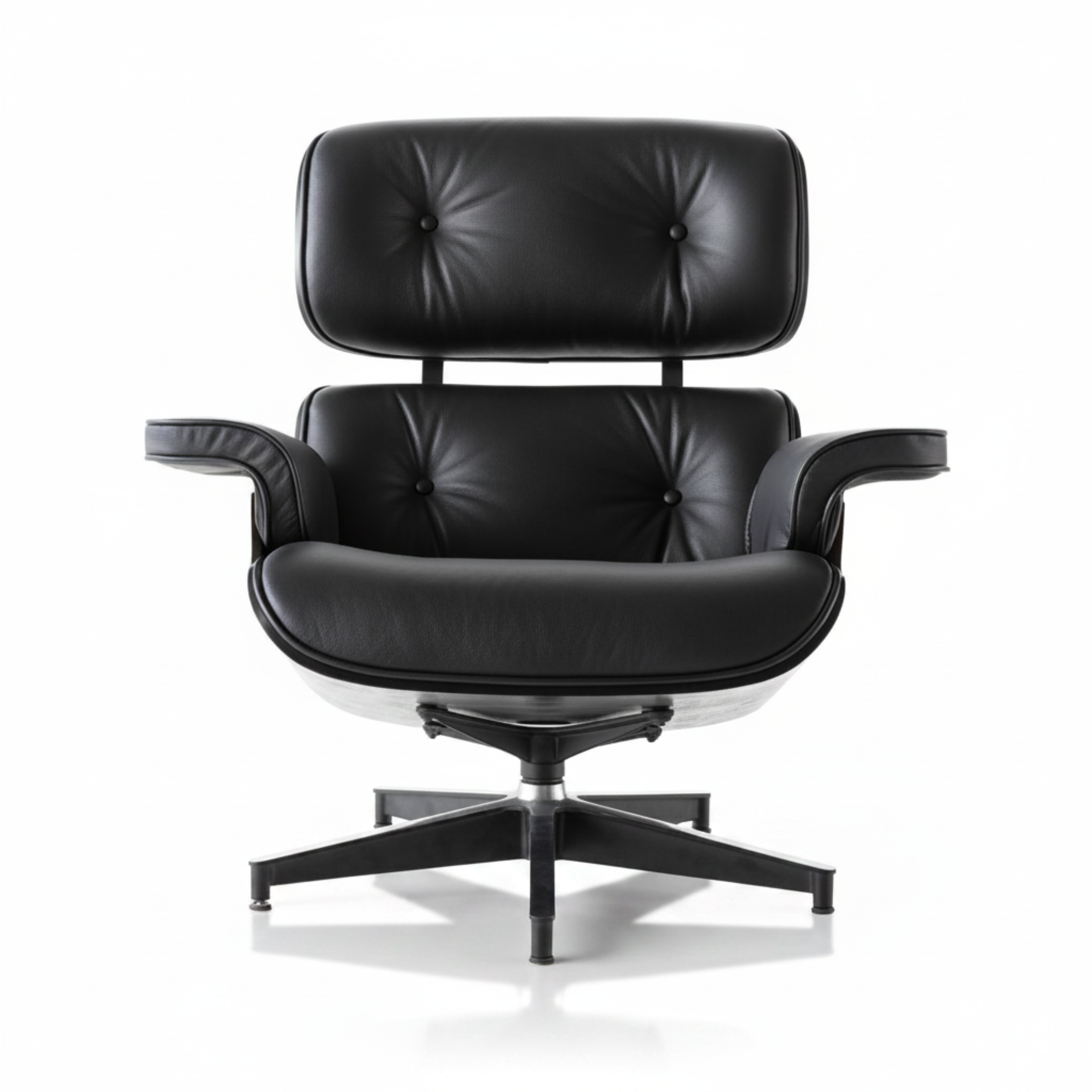 All black Eames inspired lounge chair with ebony ash wood shell and black leather