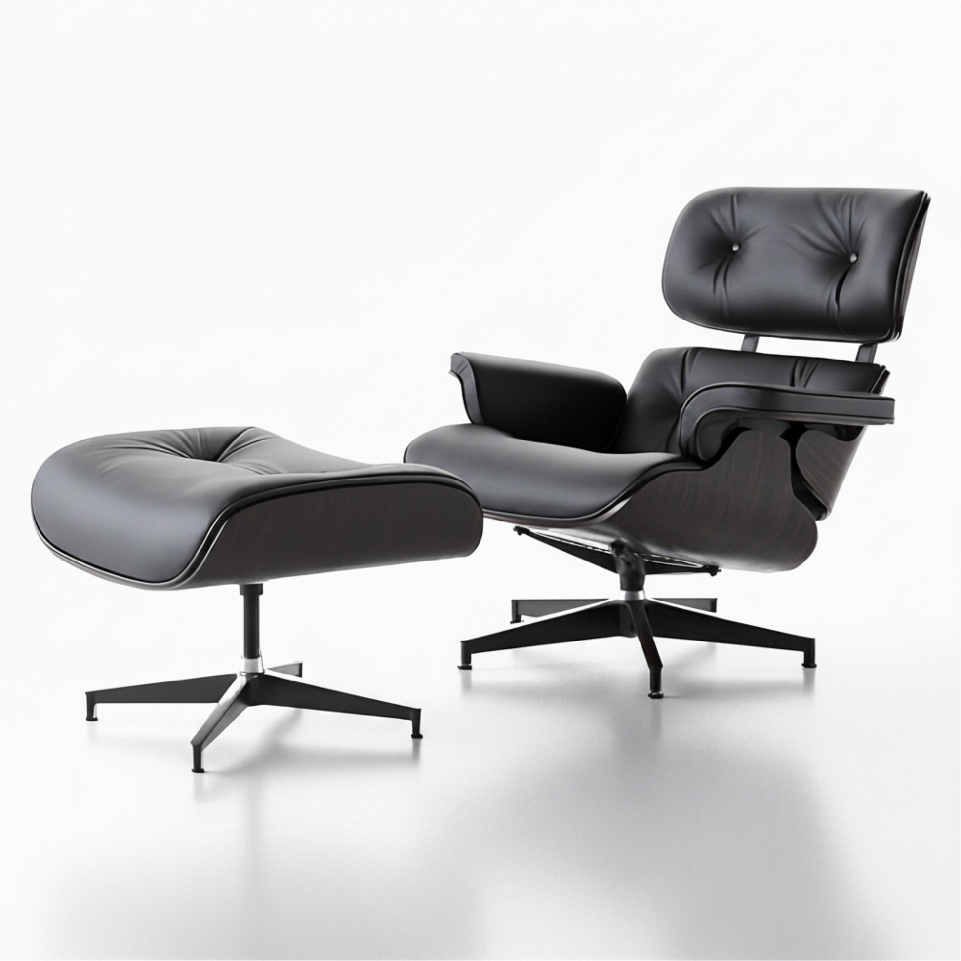 Black leather Eames inspired lounge chair and matching ottoman side view