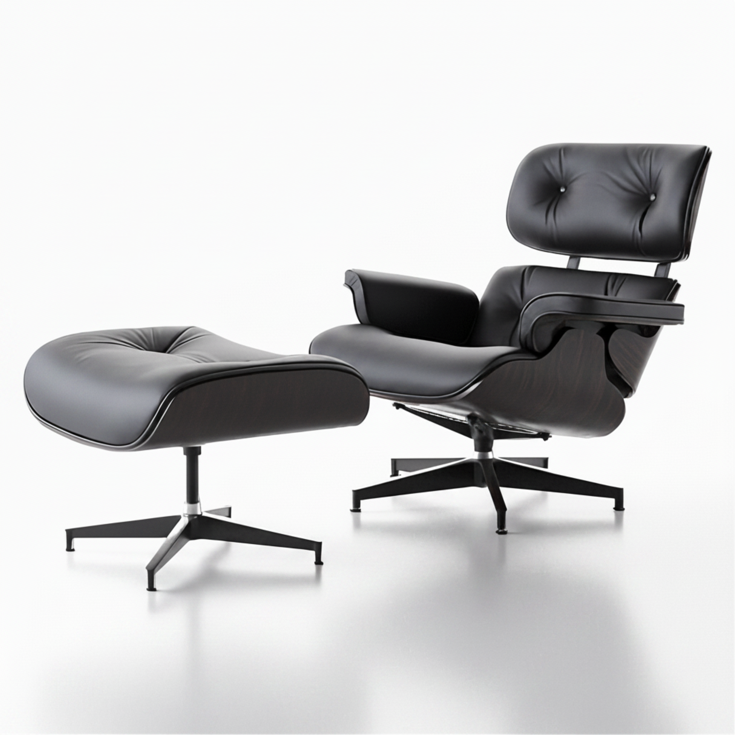 Black leather Eames inspired lounge chair and matching ottoman side view