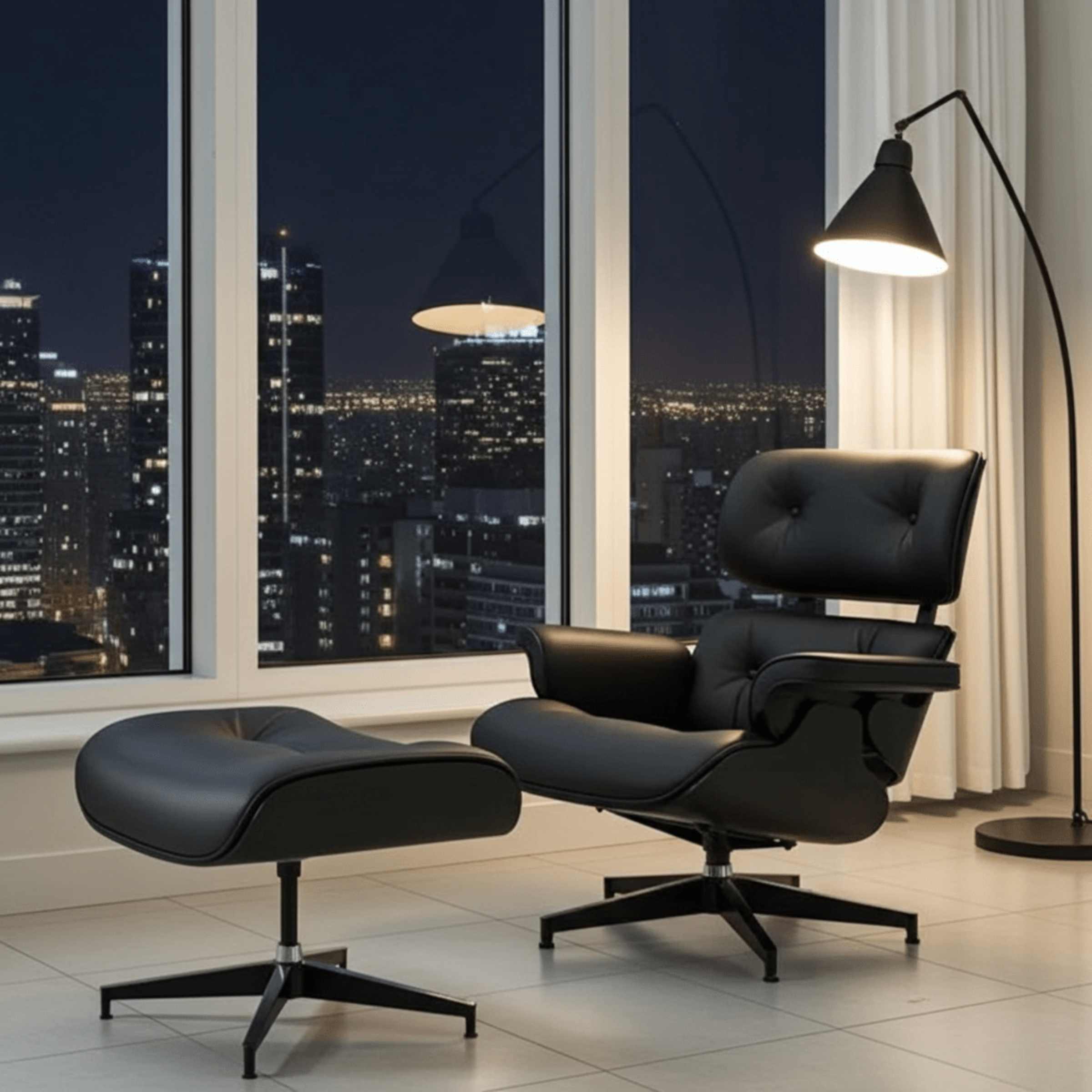All black Eames inspired lounge chair and ottoman front view