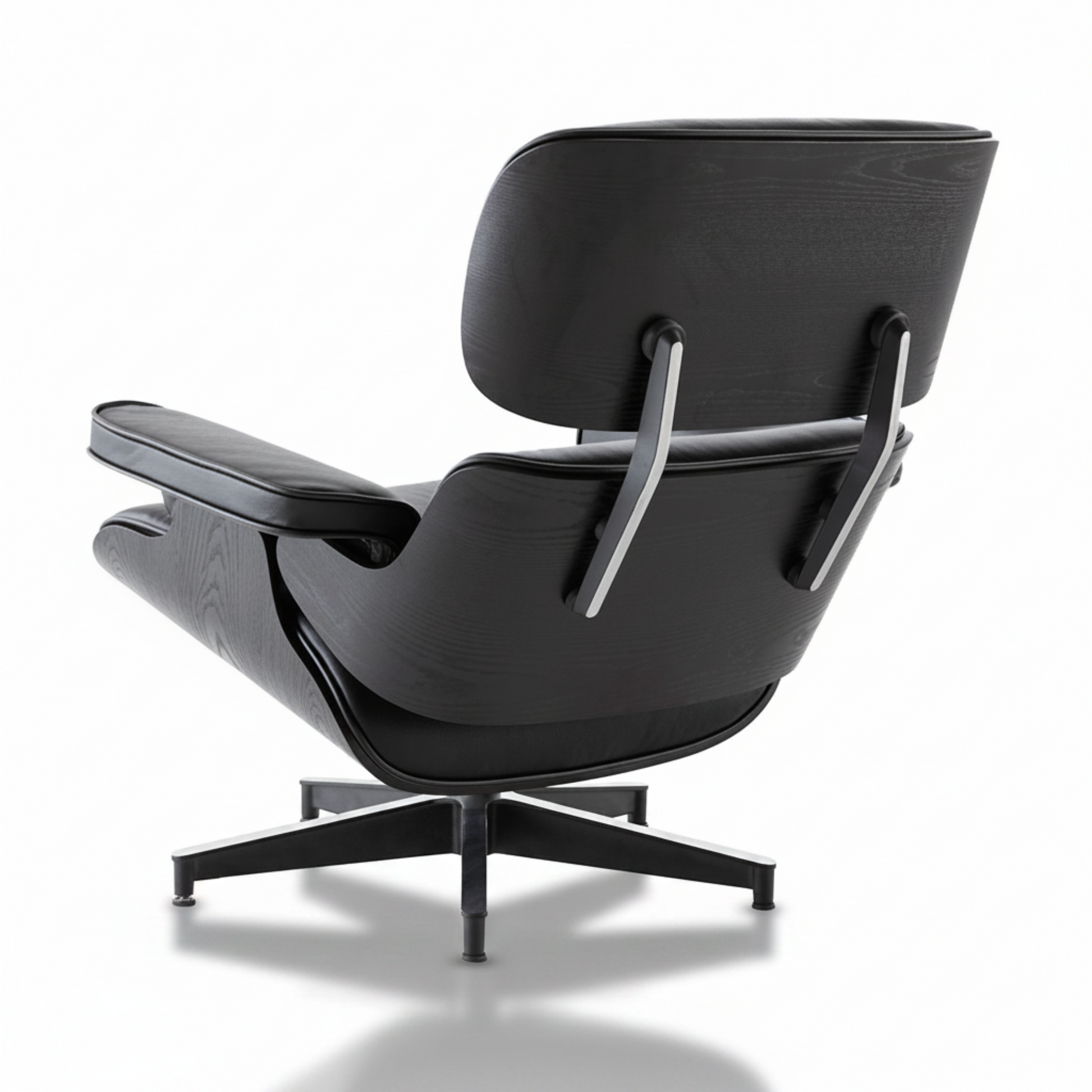 Eames inspired black leather lounge chair and ottoman ebony ash wood detail