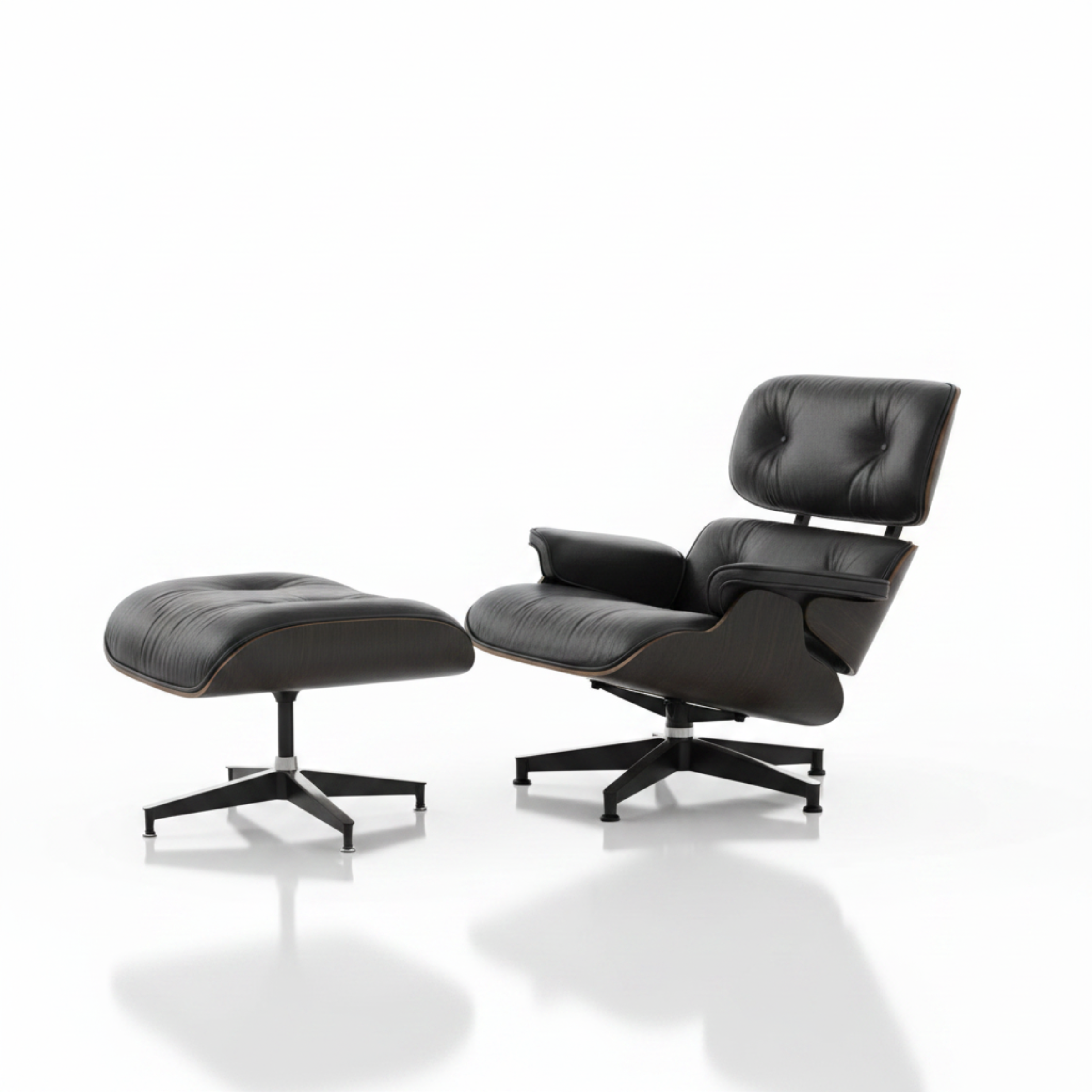 Black leather Eames inspired lounge chair and ottoman rear view