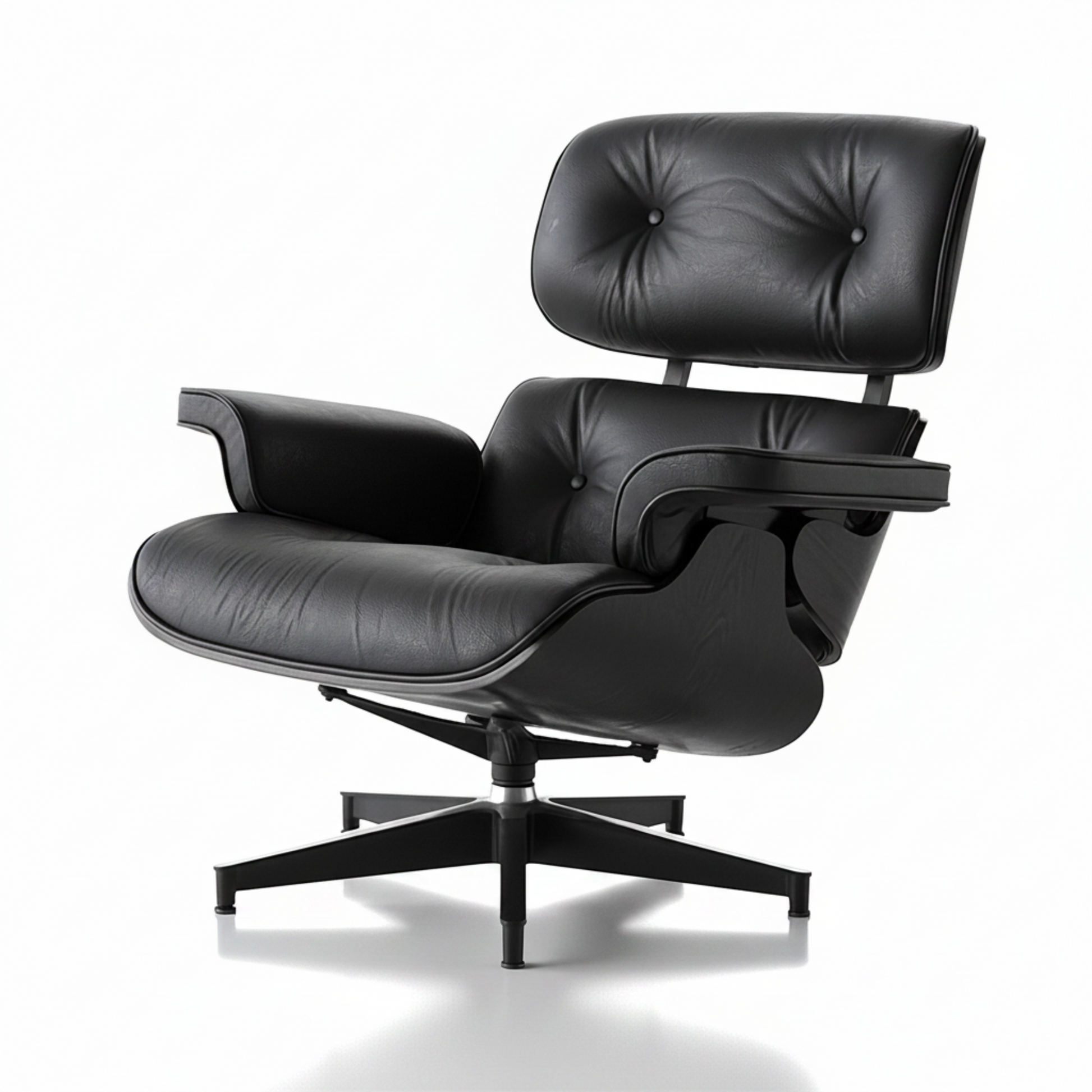 All black Eames inspired lounge chair and ottoman leather and wood detail