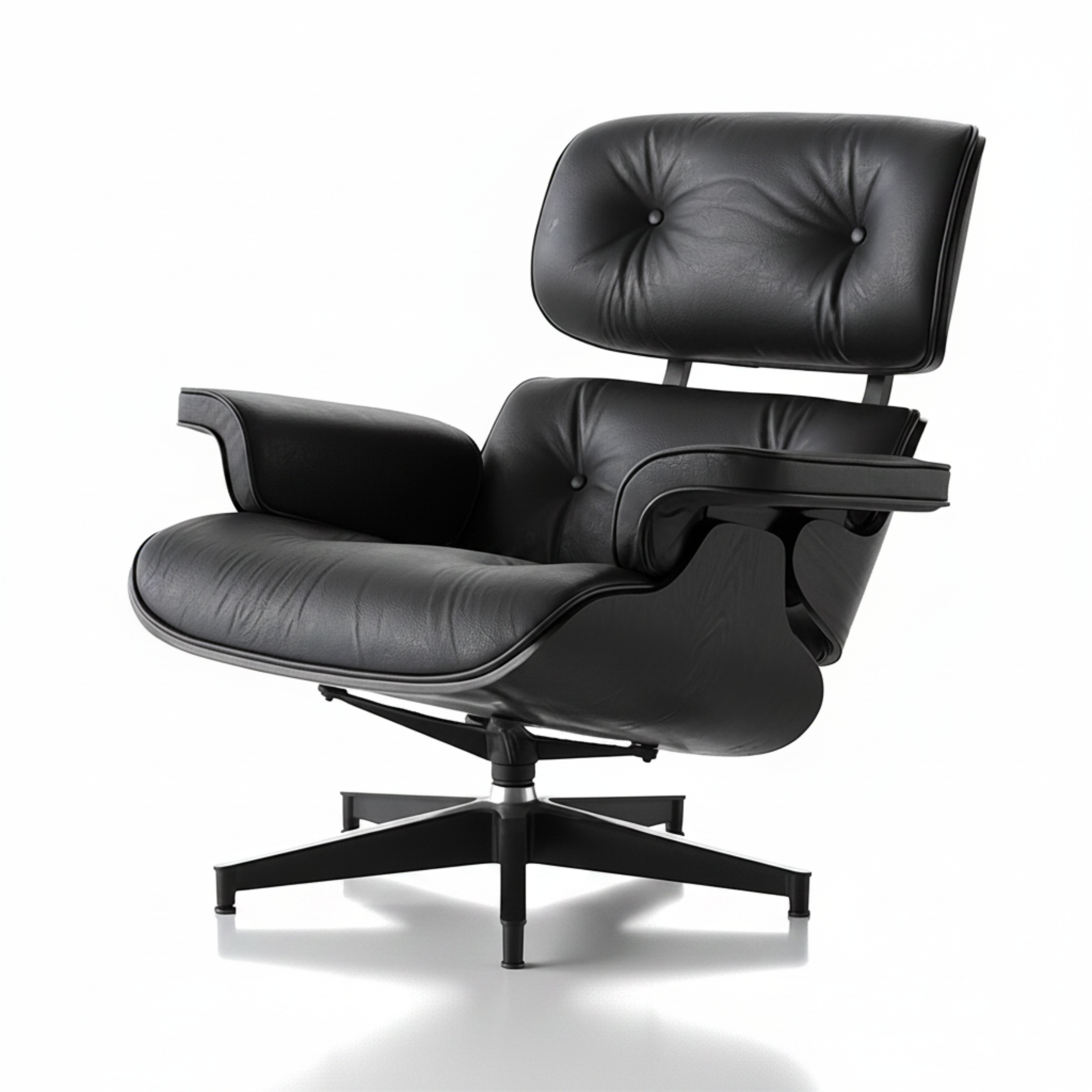 All black Eames inspired lounge chair and ottoman leather and wood detail