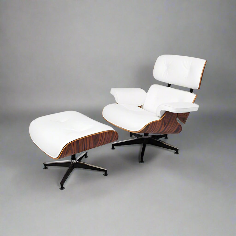 Charles Eames Inspired Iconic Style Lounge Chair & Ottoman - Rose Wood & White