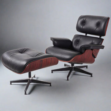 Eames Inspired Lounge Chair & Ottoman in Dark Rose Wood & Black Leather