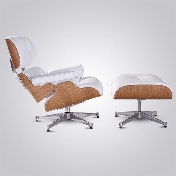 Eames Inspired Mid-Century Iconic Lounge Chair & Ottoman in Ash Wood and White