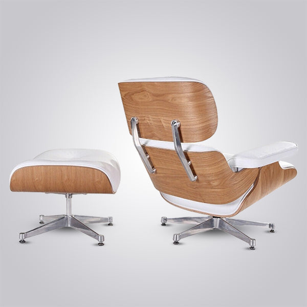 Eames Inspired Mid-Century Iconic Lounge Chair & Ottoman in Ash Wood and White