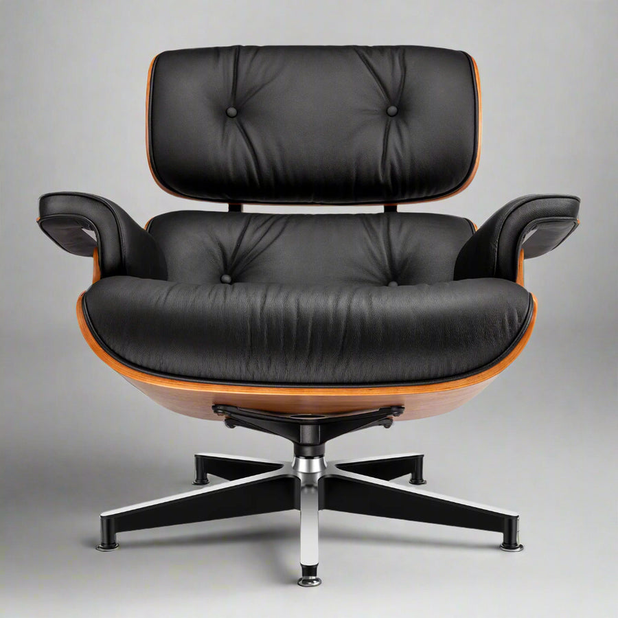 Charles Eames Style XL Version Lounge Chair & Ottoman - Walnut wood Black & White