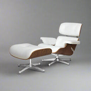 Eames Inspired Mid-Century Lounge Chair & Ottoman - Walnut Wood & White