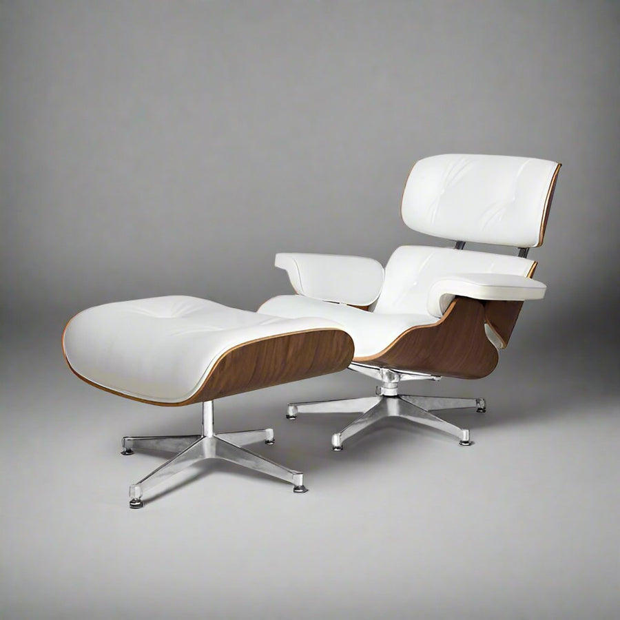 Eames Inspired Mid-Century Lounge Chair & Ottoman - Walnut Wood & White