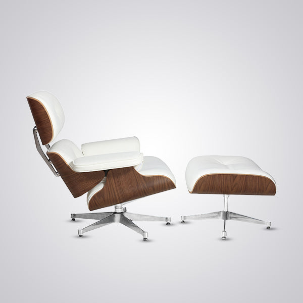 Eames Inspired Mid-Century Lounge Chair & Ottoman - Walnut Wood & White
