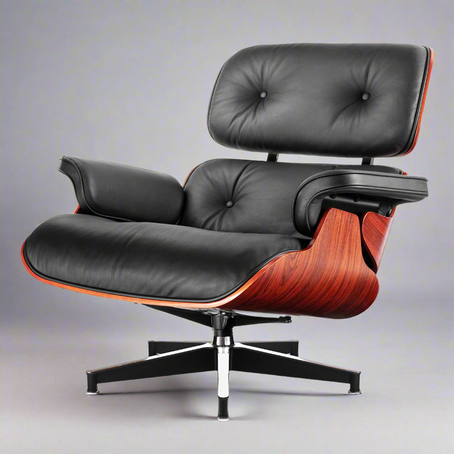 Eames Inspired Lounge Chair & Ottoman in Dark Rose Wood & Black Leather