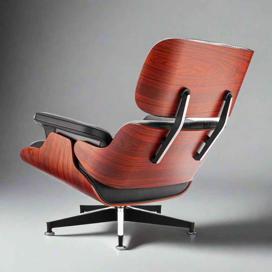 Eames Inspired Lounge Chair & Ottoman in Dark Rose Wood & Black Leather