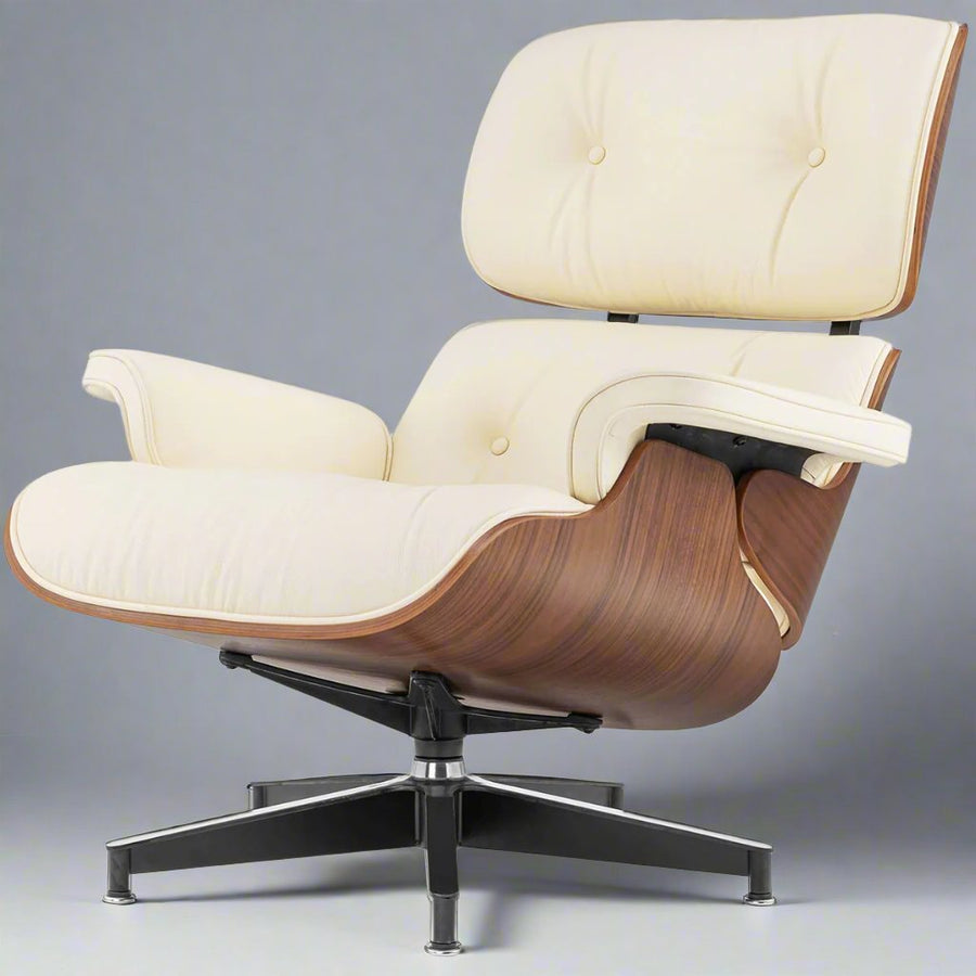 Charles Eames Inspired Iconic Style Lounge Chair & Ottoman - Walnut Wood & Ivory White