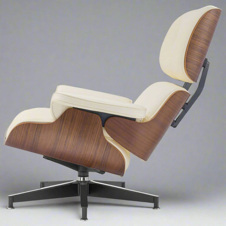 Charles Eames Inspired Iconic Style Lounge Chair & Ottoman - Walnut Wood & Ivory White
