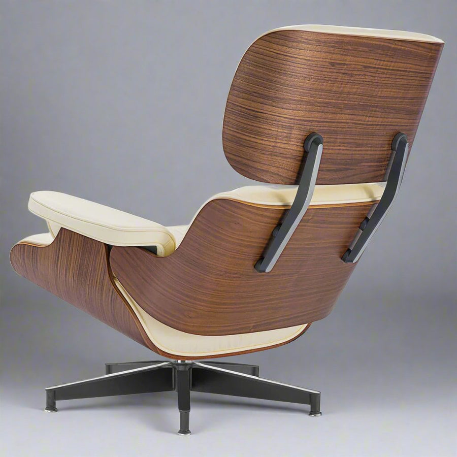 Charles Eames Inspired Iconic Style Lounge Chair & Ottoman - Walnut Wood & Ivory White