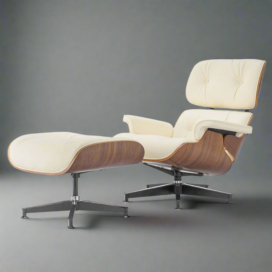 Charles Eames Inspired Iconic Style Lounge Chair & Ottoman - Walnut Wood & Ivory White