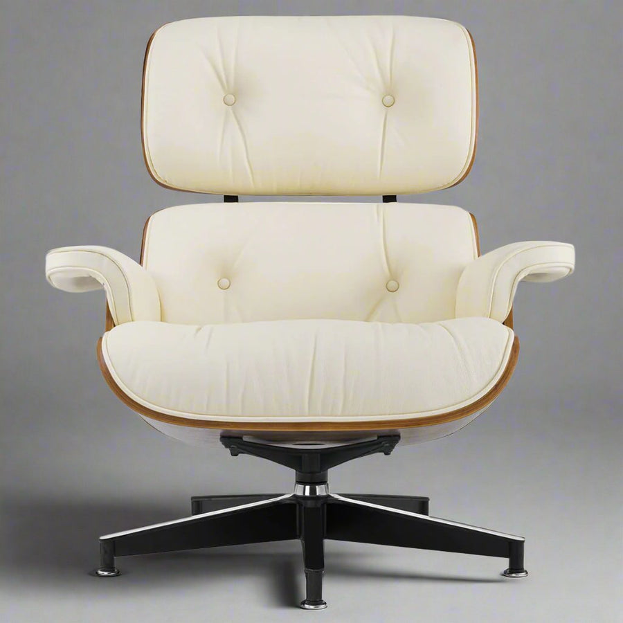 Charles Eames Inspired Iconic Style Lounge Chair & Ottoman - Walnut Wood & Ivory White