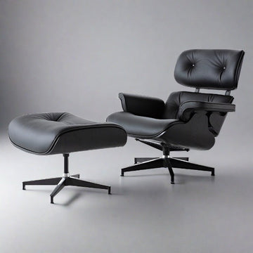 Charles Eames Inspired Iconic Style Lounge Chair & Ottoman - All Black & Ebony Ash Wood