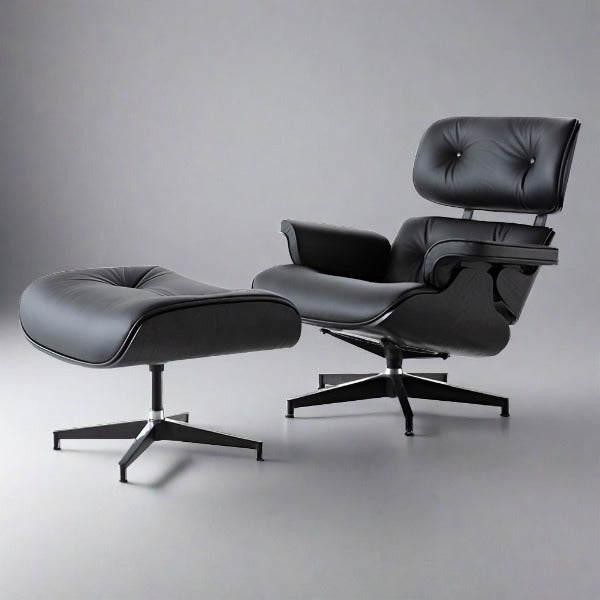 Charles Eames Inspired Iconic Style Lounge Chair & Ottoman - All Black & Ebony Ash Wood