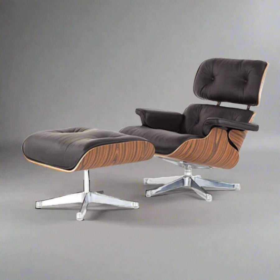 Charles Eames Inspired Iconic Style Lounge Chair & Ottoman - Rosewood & Tan brown