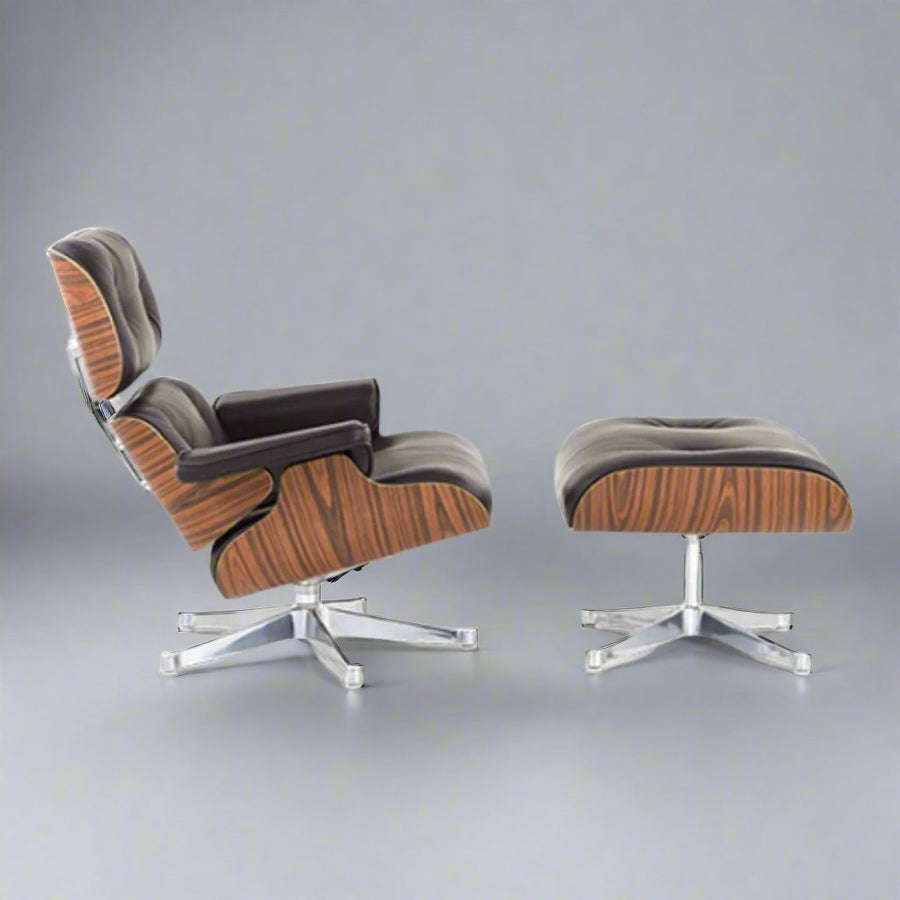 Charles Eames Inspired Iconic Style Lounge Chair & Ottoman - Rosewood & Tan brown