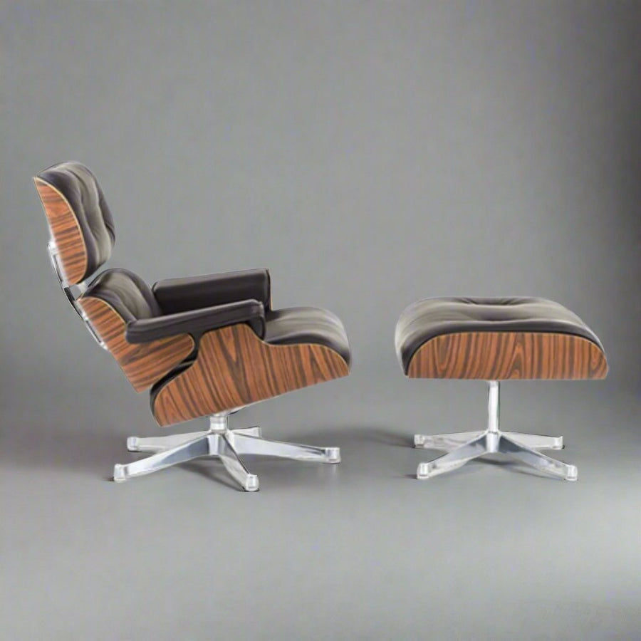 Eames Inspired Iconic Style Lounge Chair & Ottoman in Rose Wood Chocolate Brown