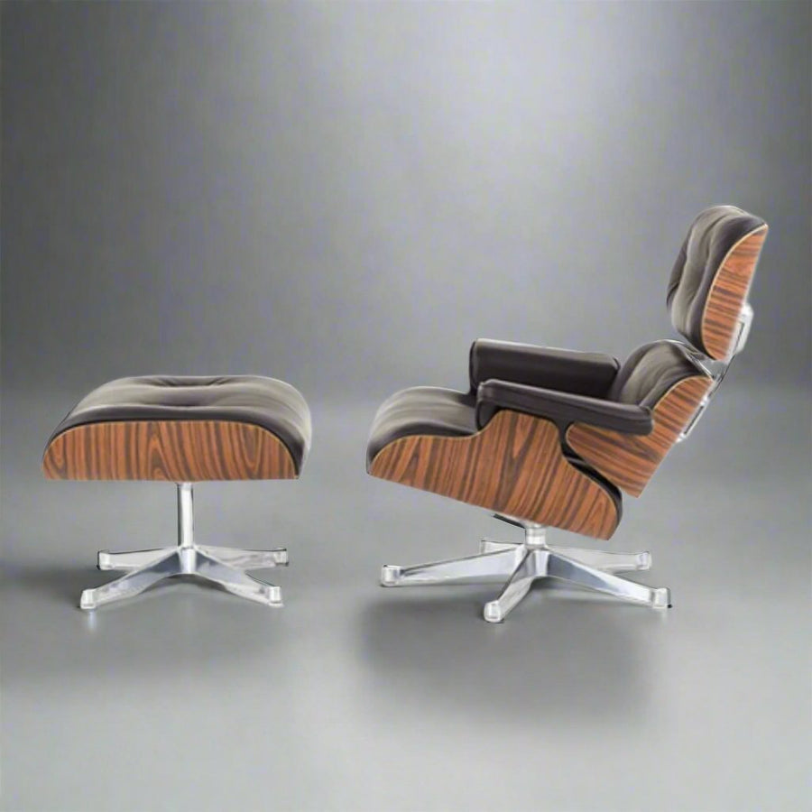 Eames Inspired Mid-Century Iconic Lounge Chair & Ottoman in Rose Wood and Black