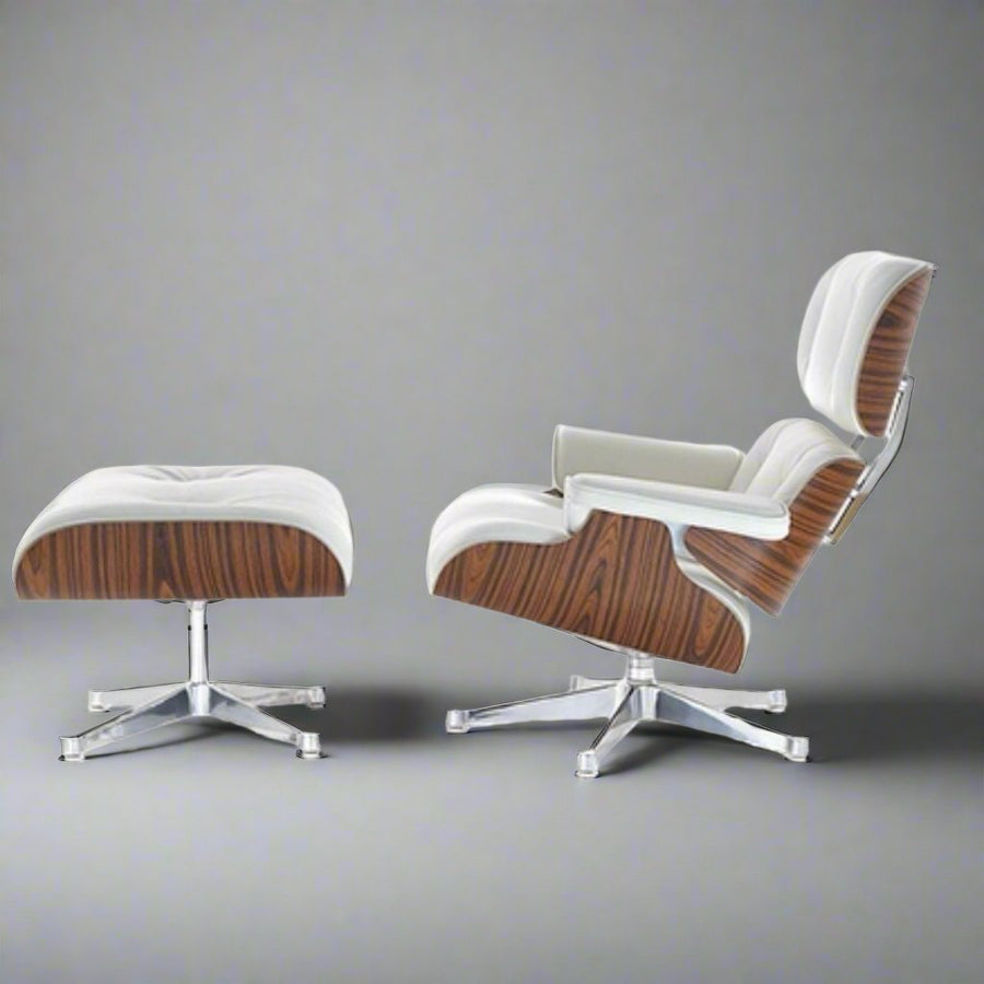 Charles Eames Inspired Iconic Style Lounge Chair & Ottoman - Rose Wood & White
