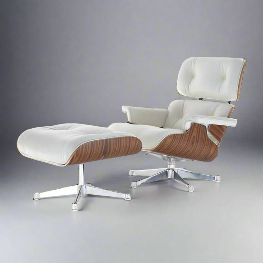 Charles Eames Inspired Iconic Style Lounge Chair & Ottoman - Rose Wood & White