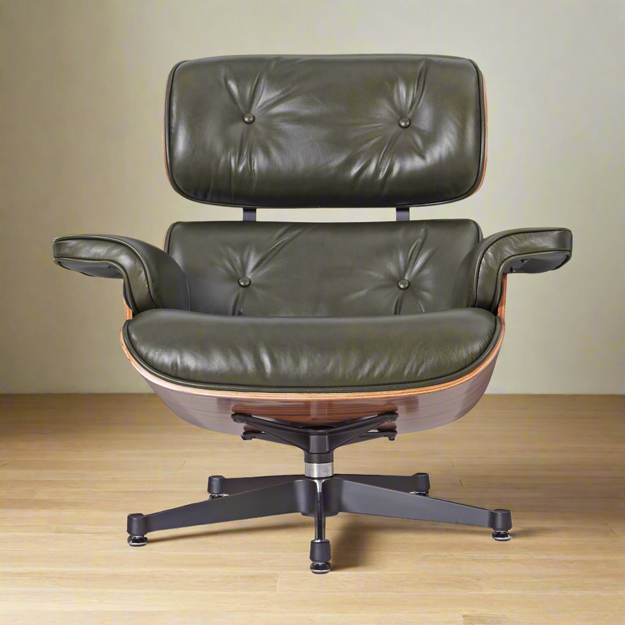 Eames Inspired Deluxe Lounge Chair & Ottoman in Olive Green Waxed Leather & Rose Wood