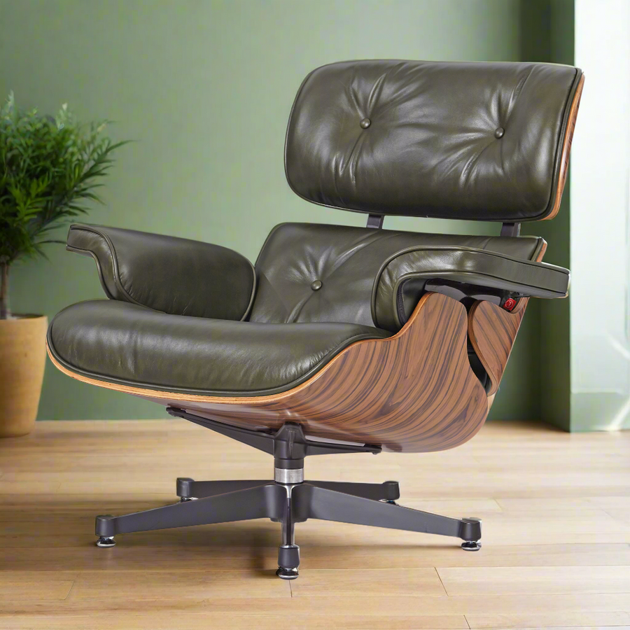 Eames Inspired Deluxe Lounge Chair & Ottoman in Olive Green Waxed Leather & Rose Wood