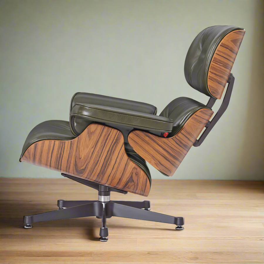 Eames Inspired Deluxe Lounge Chair & Ottoman in Olive Green Waxed Leather & Rose Wood