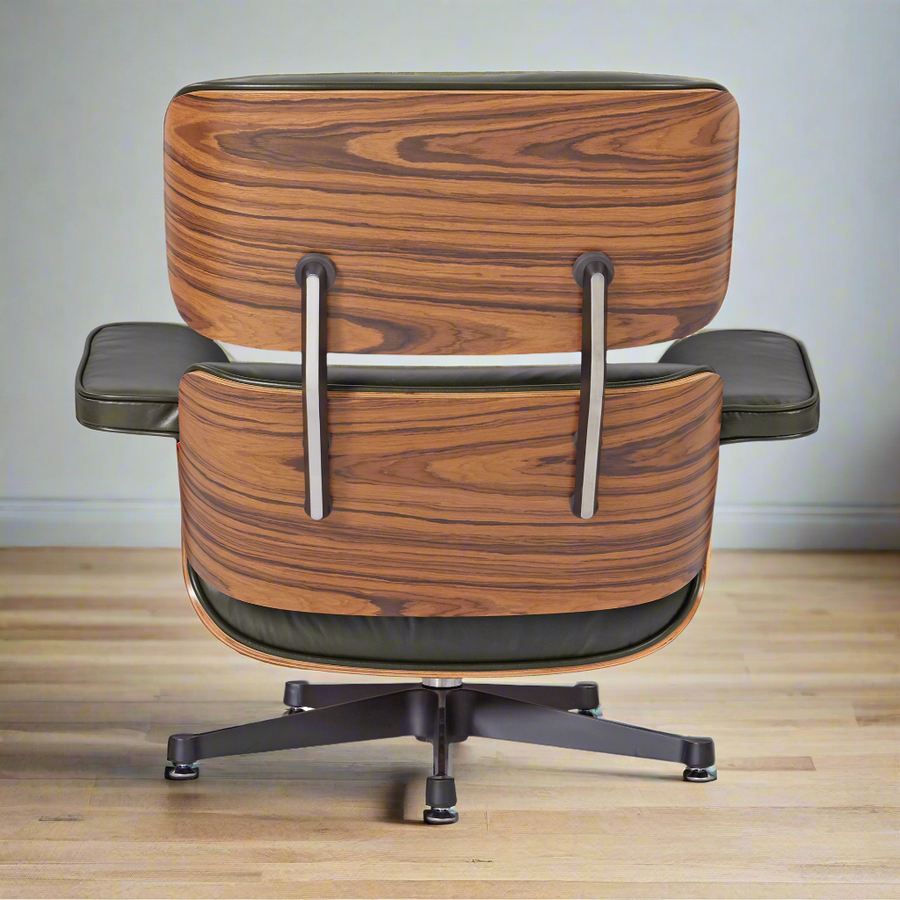Eames Inspired Deluxe Lounge Chair & Ottoman in Olive Green Waxed Leather & Rose Wood