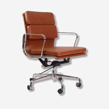 Eames Style Low Back Office Chair EA217 - Soft Pad Comfort, Tan Brown Leather