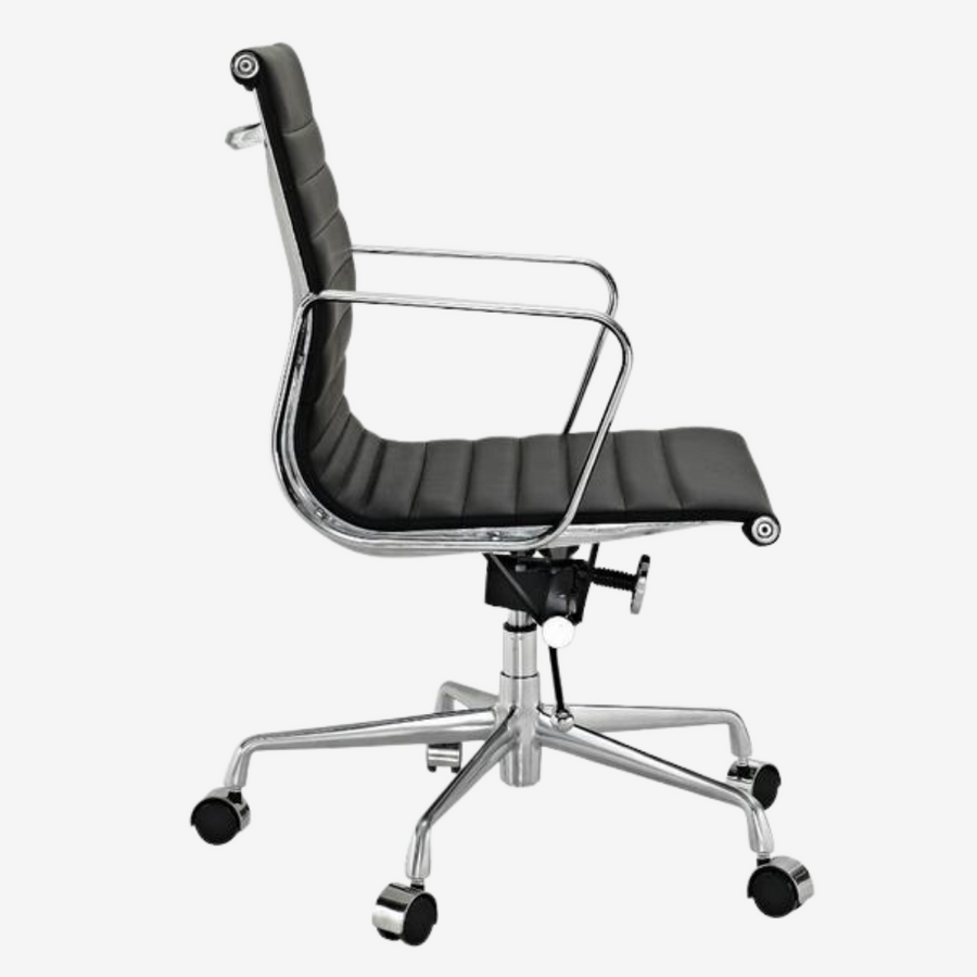 Eames Style Thin Pad Office Chair EA 117 - Ribbed Low Back, Black Leather