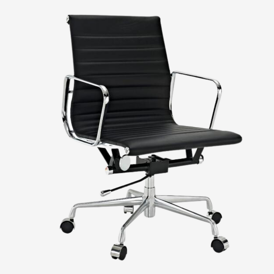 Eames Style Thin Pad Office Chair EA 117 - Ribbed Low Back, Brown Leather