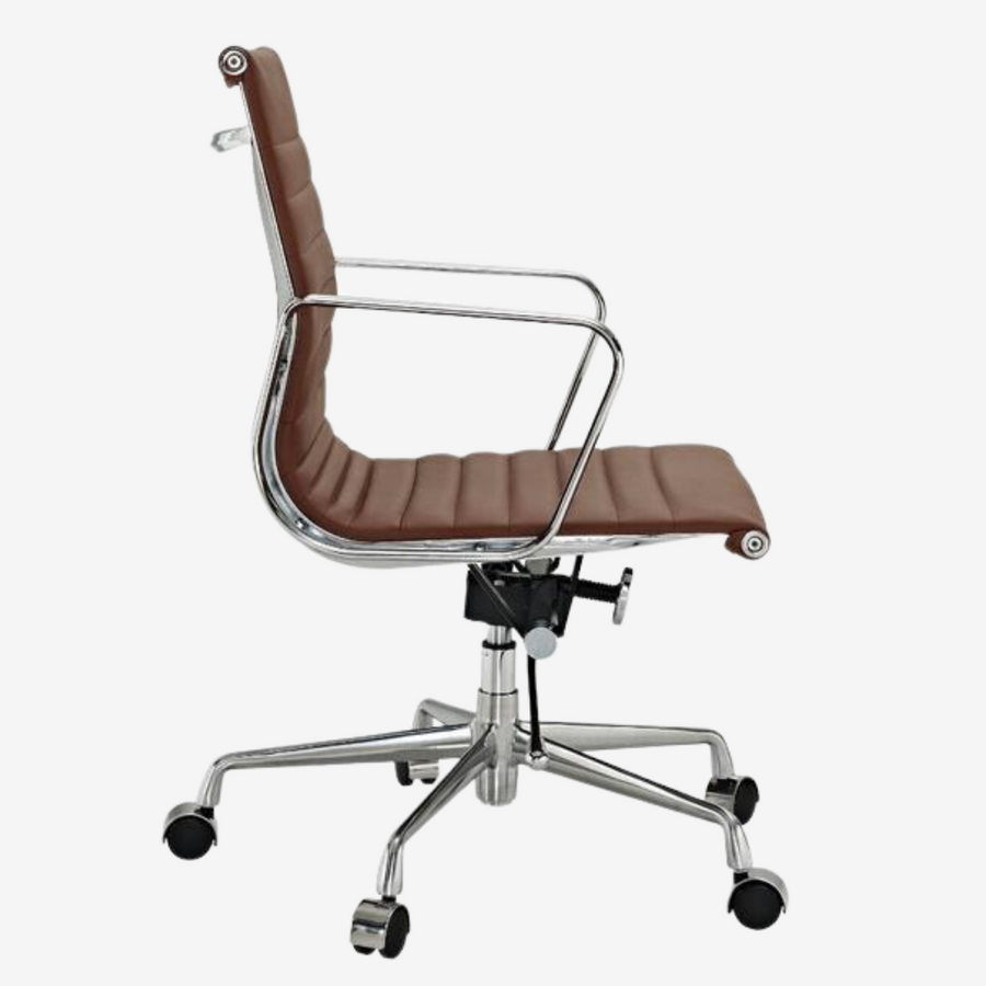 Eames Style Thin Pad Office Chair EA 117 - Ribbed Low Back, Brown Leather
