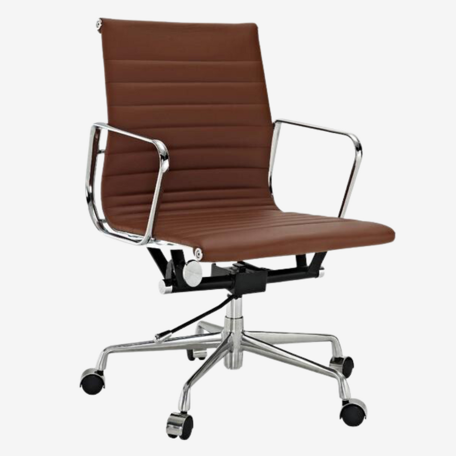Eames Style Thin Pad Office Chair EA 117 - Ribbed Low Back, Brown Leather