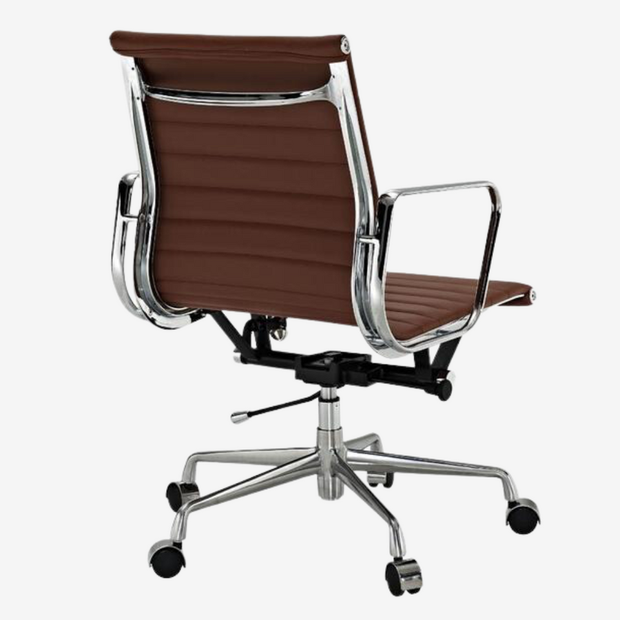 Eames Style Thin Pad Office Chair EA 117 - Ribbed Low Back, Brown Leather