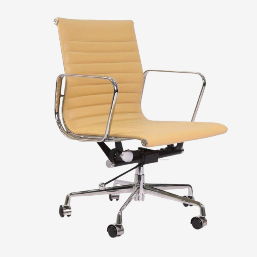 Eames Style Thin Pad Office Chair EA 117 - Ribbed Low Back, Brown Leather