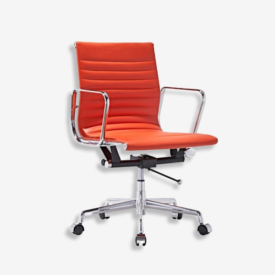 Eames Style Thin Pad Office Chair EA 117 - Ribbed Low Back, Brown Leather
