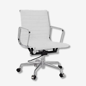 Eames Style Thin Pad Office Chair EA 117 - Ribbed Low Back, White Leather