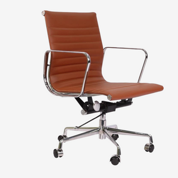 Eames Style Thin Pad Office Chair EA 117 - Ribbed Low Back, Tan Brown Leather