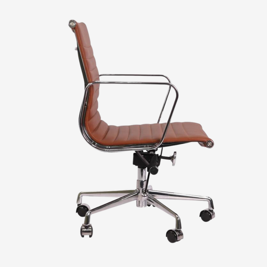 Eames Style Thin Pad Office Chair EA 117 - Ribbed Low Back, Tan Brown Leather