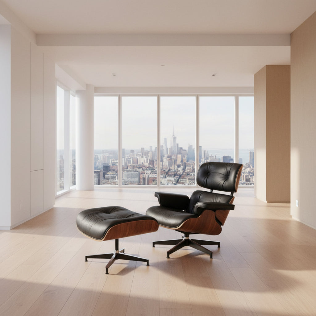 Title
Charles Eames Inspired Mid-Century Iconic Lounge Chair & Ottoman in Walnut Wood and Black