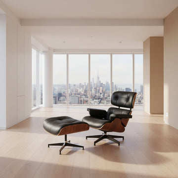 Title
Charles Eames Inspired Mid-Century Iconic Lounge Chair & Ottoman in Walnut Wood and Black